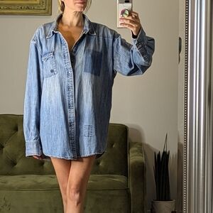 Tommy Hilfiger Women's Denim Jean Jacket Shirt Dress Distressed Patchwork XL
